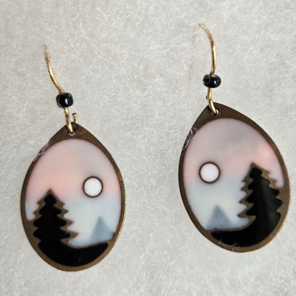 Oval Drop Earrings - Painted Enamel with Gold Metal - Tree and Moon - Picture 1 of 1